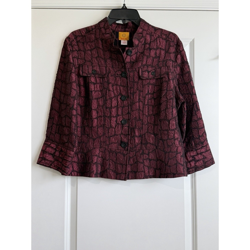 Ruby Rd. Women's Burgundy Button Front Lightweight 3/4 Length Sleeve Jacket